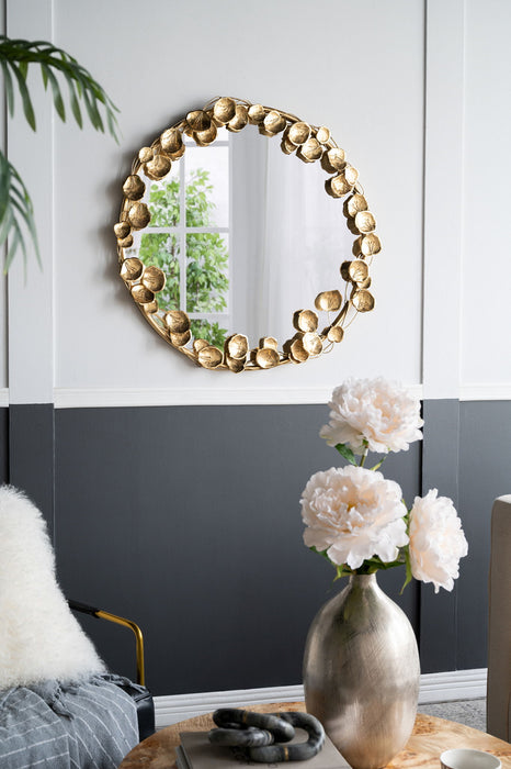 Round Metal Wall Mirror With en Leaf Accents, Modern Decor Mirror For Living Room Entryway Hallway - Gold