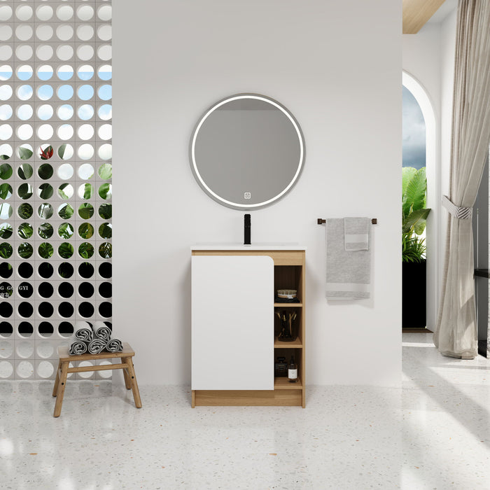 Freestanding Bathroom Vanity With Thin Rim Sink, Single Door With 4 Tier Open Shelves - Light Oak / White Home Essentials
