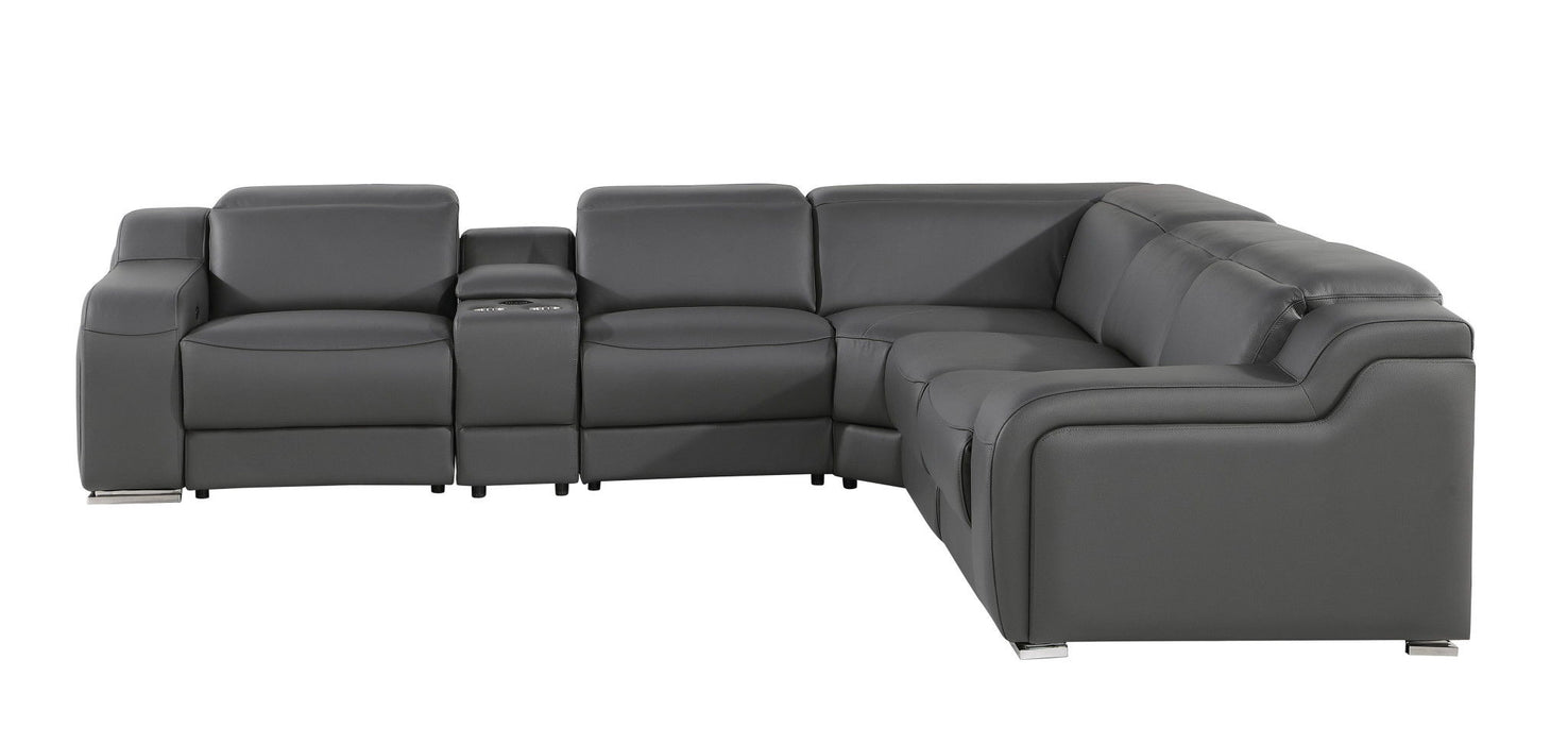 Italian Leather Power Reclining L Shaped Six Piece Corner Sectional With Console - Dark Gray