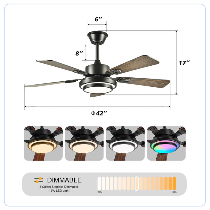 5 Blades Ceiling Fan With LED Light 3000 - 6500K Dimmable, 6 Speed Levels, Reversible Ceiling Fan - Matte Black Daily Nest