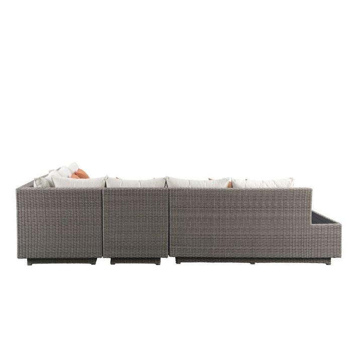 Salena - Patio Sectional Sofa With 4 Pillows & Coffee Table - Beige Fabric & Gray Wicker ACME