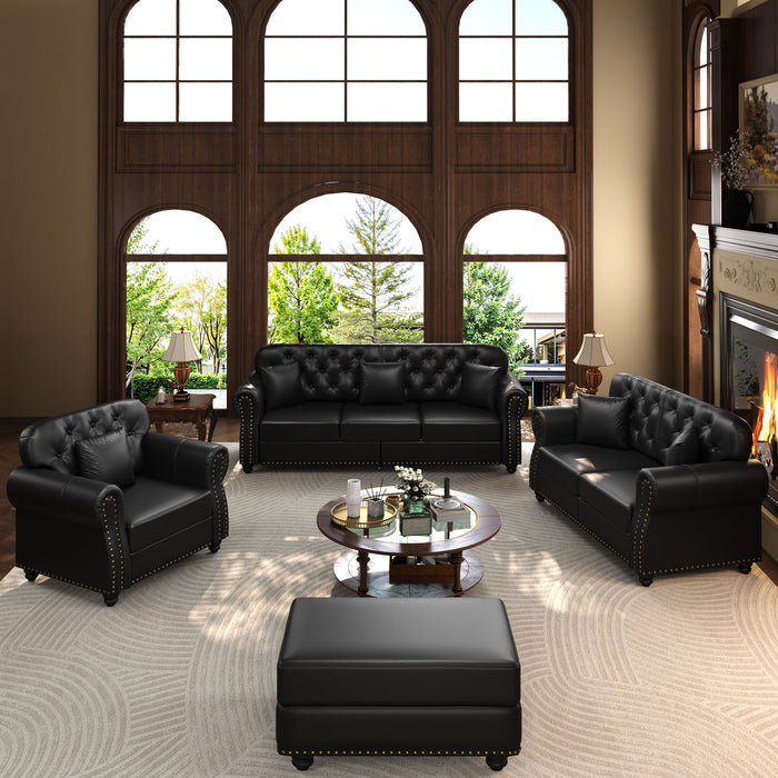 Upholstered Sofa With Nailhead Trim, Rolled Armrests With Ottoman Home Essentials