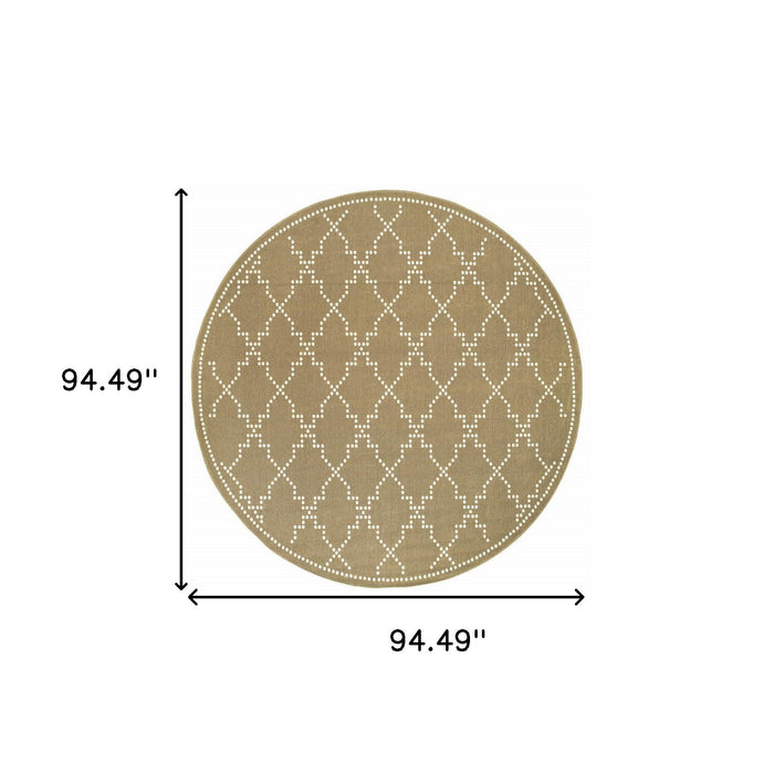 8' X 8' Round Geometric Stain Resistant Indoor / Outdoor Area Rug - Tan