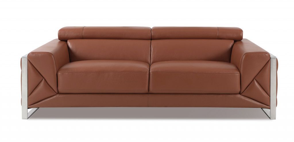 Genuine Leather Standard Sofa 89" - Camel Brown and Chrome