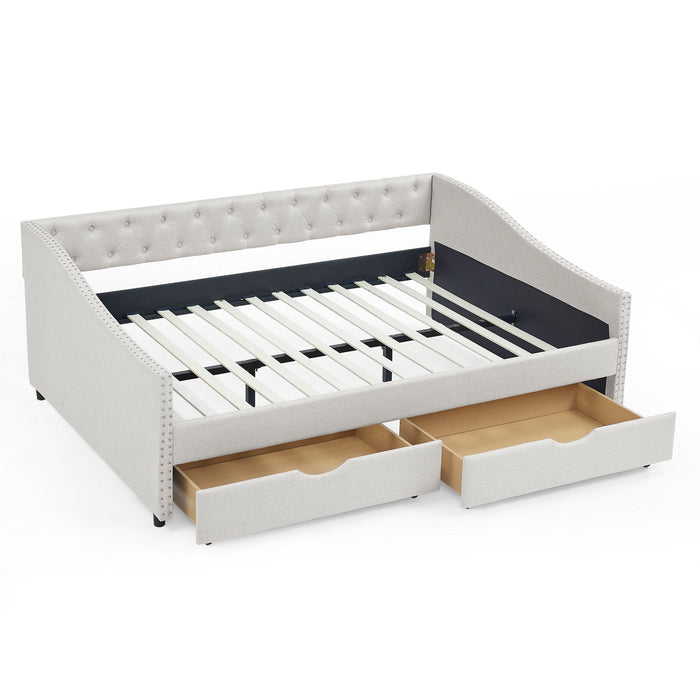 Upholstered Tufted Daybed With Drawers, Waved Arms Home Essentials