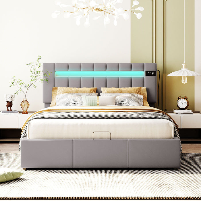 Queen Size Upholstered Bed With Led Light - Bluetooth Player And USB Charging, Hydraulic Storage Bed