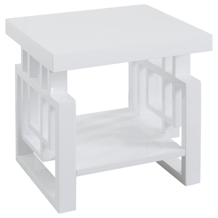 Rectangular End Table With Geometric Design And Open Shelf - White Furniture Max