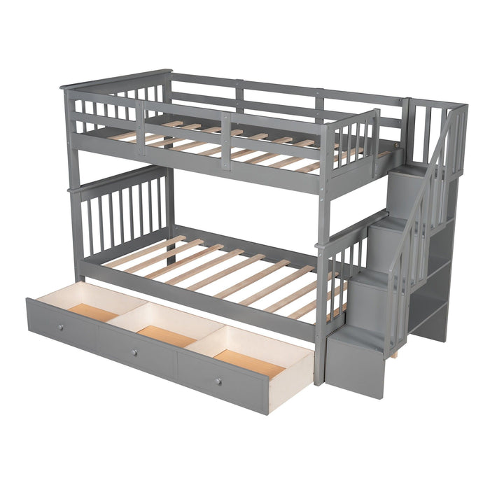 Twin over Twin Bunk Bed with Stairway and Drawers - Gray