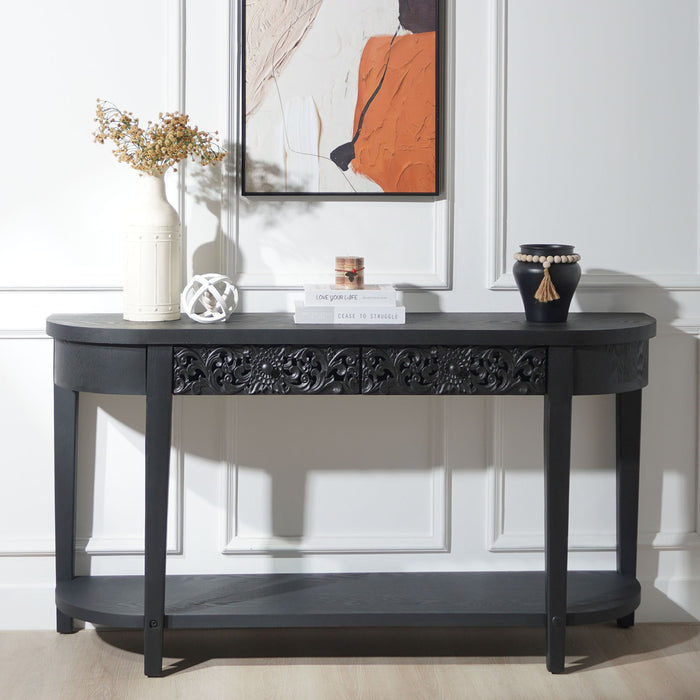 Carved Console Table With Storage Shelf For Living Room - Black Home Essentials