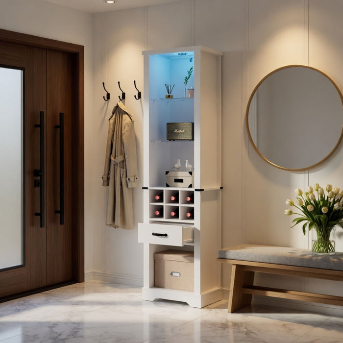 Pantry Cabinet With LED Lights, Wine Rack, Tempered Glass Shelves, And Barn Door Design - White Home Essentials
