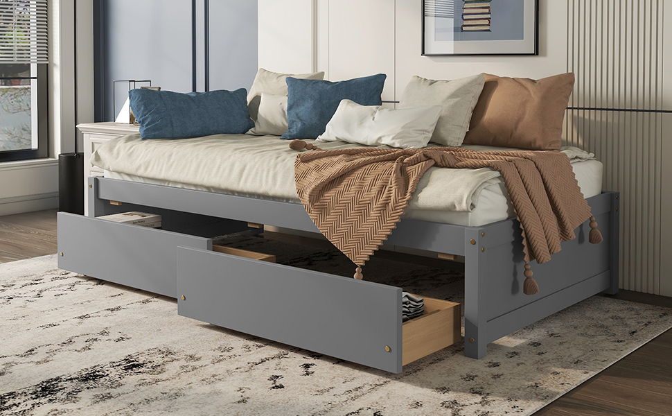 Twin Bed With 2 Drawers, No Box Spring Needed - Gray