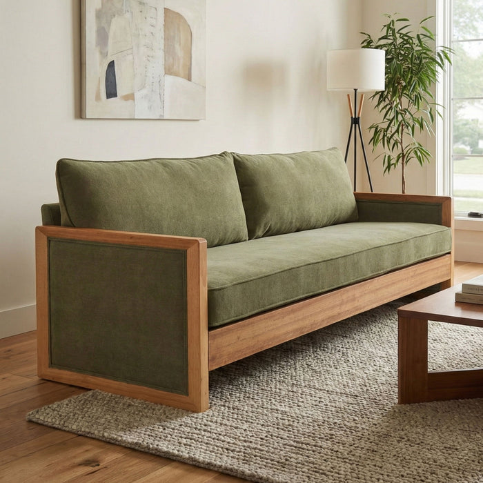 Modern 3 Seater Sofa With Wood Armrests Noble House