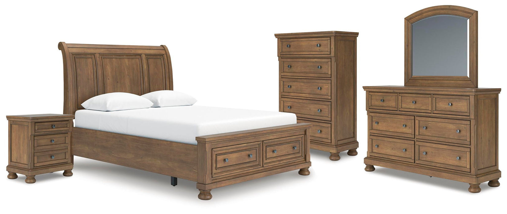 Feddinger - 5 Pc. - Queen Sleigh Storage Bed, Dresser, Mirror, Chest And Nightstand - Medium Brown Signature Design by Ashley®