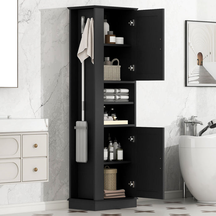 Tall Freestanding Bathroom Storage Cabinet With Adjustable Shelves And Side Hooks Board, Rectangle Design Hearth and Haven