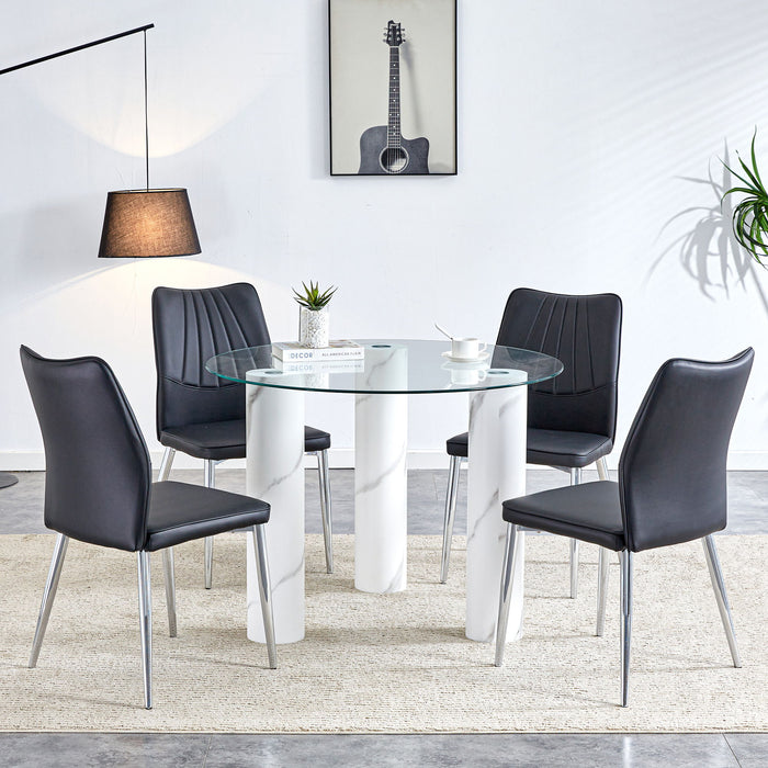 A Modern Minimalist Circular Dining Table Suitable For 6 - 8 People, A (Set of 4) Piece PU Leather Backrest And Silver Metal Legs Modern Dining Chairs - MDF / Glass