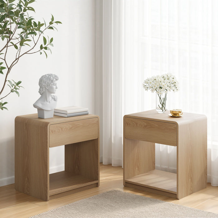 Bedside Table With Storage Drawers And Open Shelves (Set of 2) - Oak Home Essentials