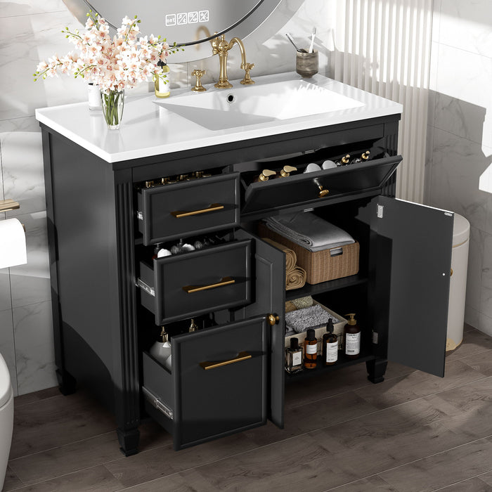 Bathroom Vanity With Sink, 1 Tip Out Drawer, 3 Side Drawers, Adjustable Shelf Noble House