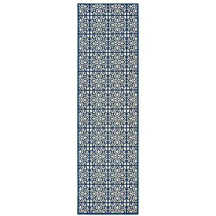 2' X 8' Geometric Stain Resistant Indoor / Outdoor Area Rug - Ivory / Blue