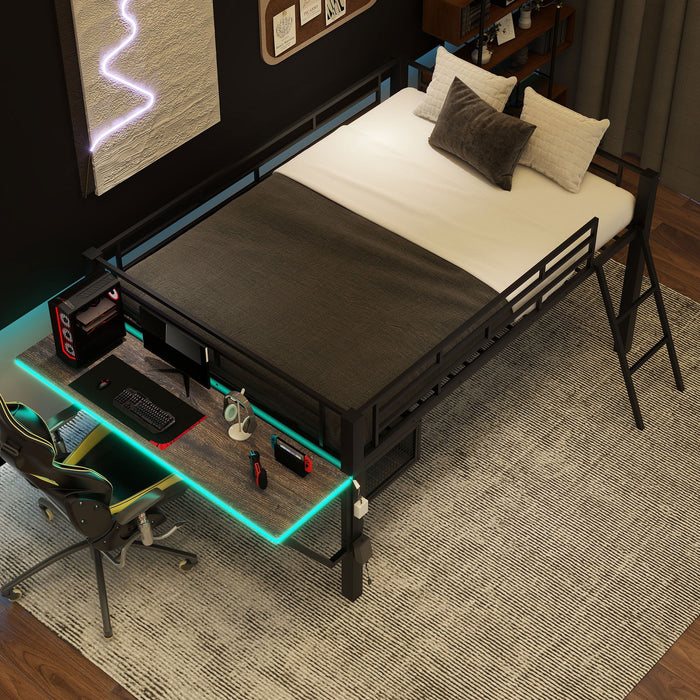 Gaming - Full Size Loft Bed With Desk, LED - Black Dreamland