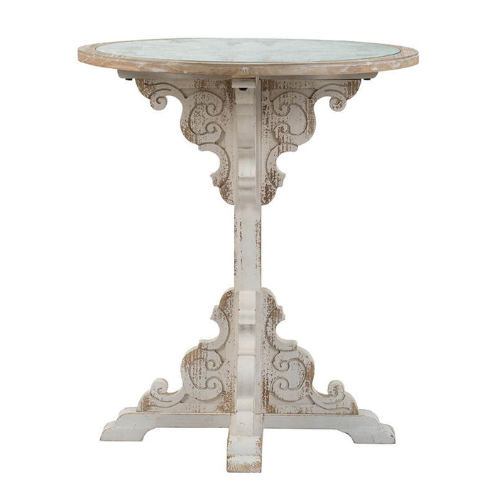 Round Wooden Carved Table, Distressed Finish Design - Antique White