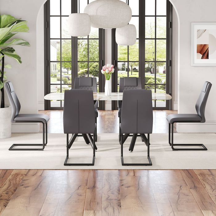 1 Table And 6 Chairs Set, A Rectangular Dining Table With Imitation Marble Tabletop And Black Metal Legs, Paired With 6 Chairs With PU Leather Seat Cushion And Black Metal Legs - Glass / Metal