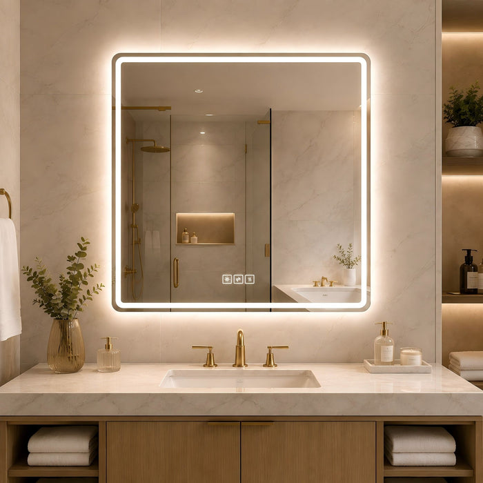 36 X 36 LED Bathroom Mirror With Dimmable Frosted Light Band, 3 Color Temperatures, Anti Fog, Memory & Auto Off - Silver Daily Nest