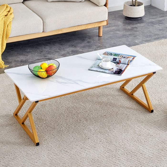 A Modern Minimalist Style White Marble Patterned Coffee Table With Golden Metal Legs, Computer Desk. Game Table Tea Table