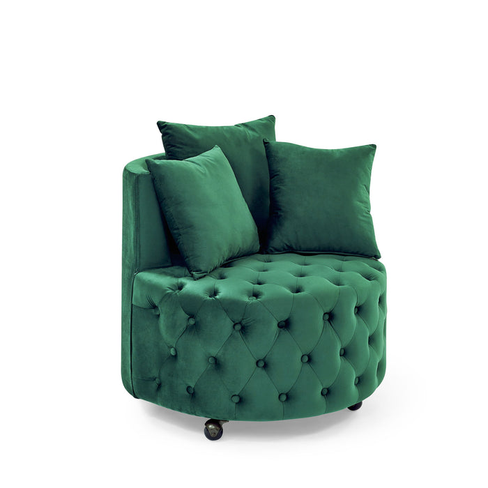 Modern Upholstered Swivel Chair With Button Tufted Design And Movable Wheels
