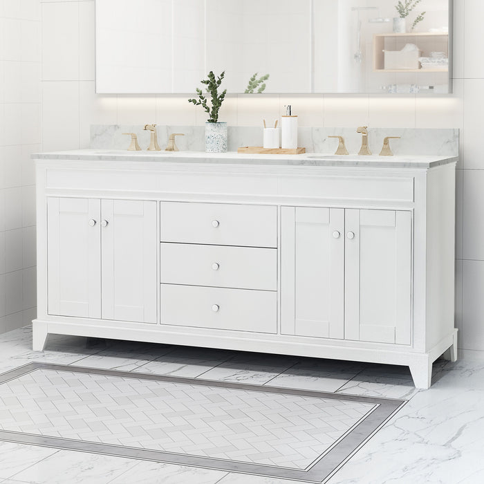 73'' Bathroom Vanity With Marble Top & Double Ceramic Sinks, 4 Doors, 3 Drawers, White