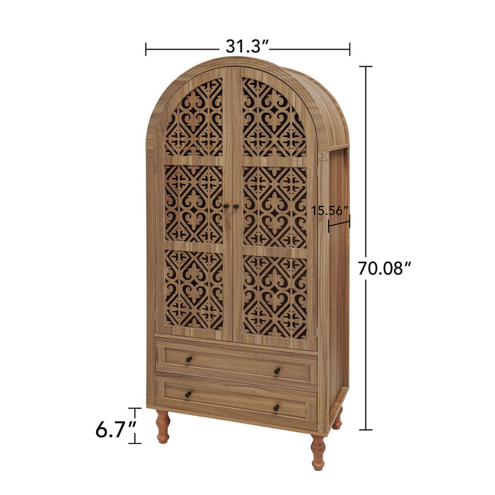 Tall Kitchen Pantry Cabinet With Hollow Carved Doors 2 Drawers And Adjustable Shelves Storage Display Cabinet For Kitchen Dining Room Or Living Room - Walnut Home Essentials
