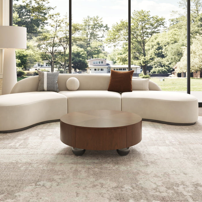Drum Shaped Coffee Table With Hidden Storage Drawer, Low Profile For Living Room - Walnut Home Essentials