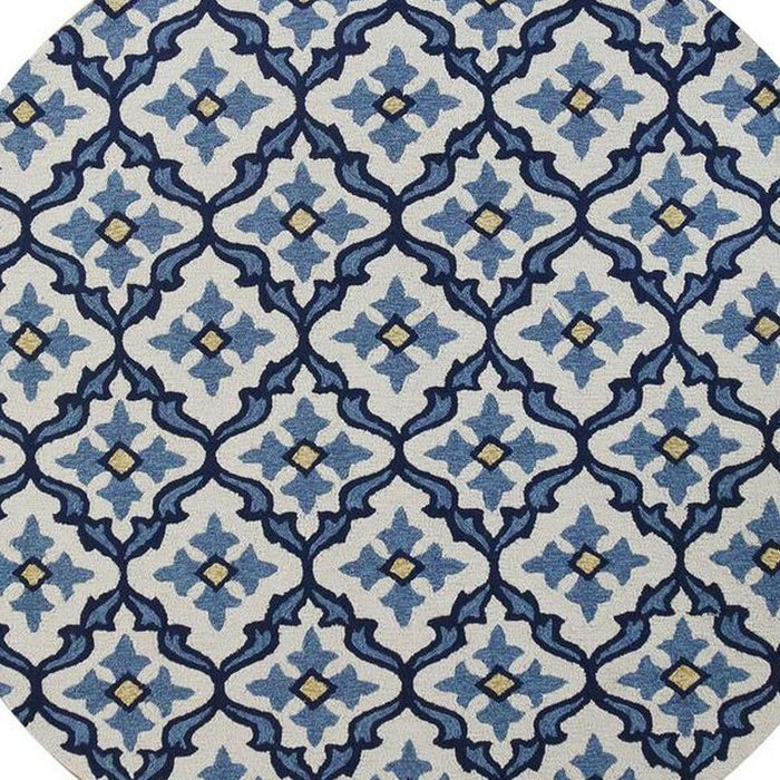 8' Hand Hooked UV Treated Coastal Reef Round Indoor / Outdoor Area Rug - Ivory Blue