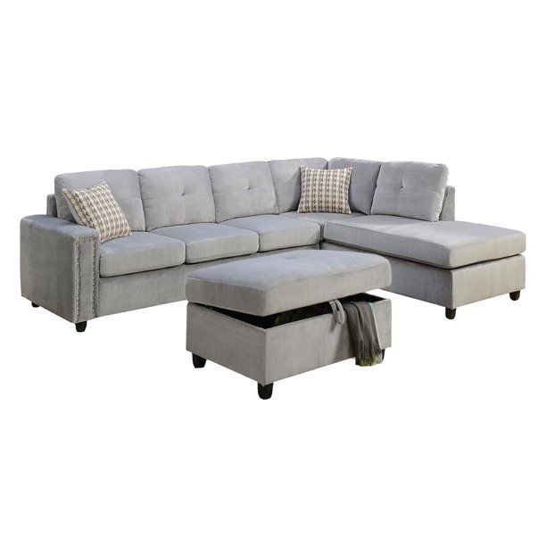 Stationary L Shaped Sofa And Chaise - Gray Velvet