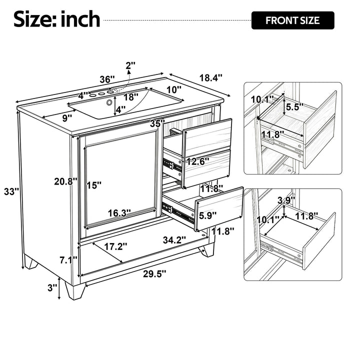 36" Bathroom Vanity With Sink, Soft Close Drawers - Natural Noble House