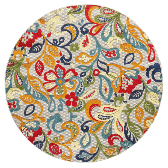 8' Round Round Floral Stain Resistant Indoor / Outdoor Area Rug - Ivory / Blue