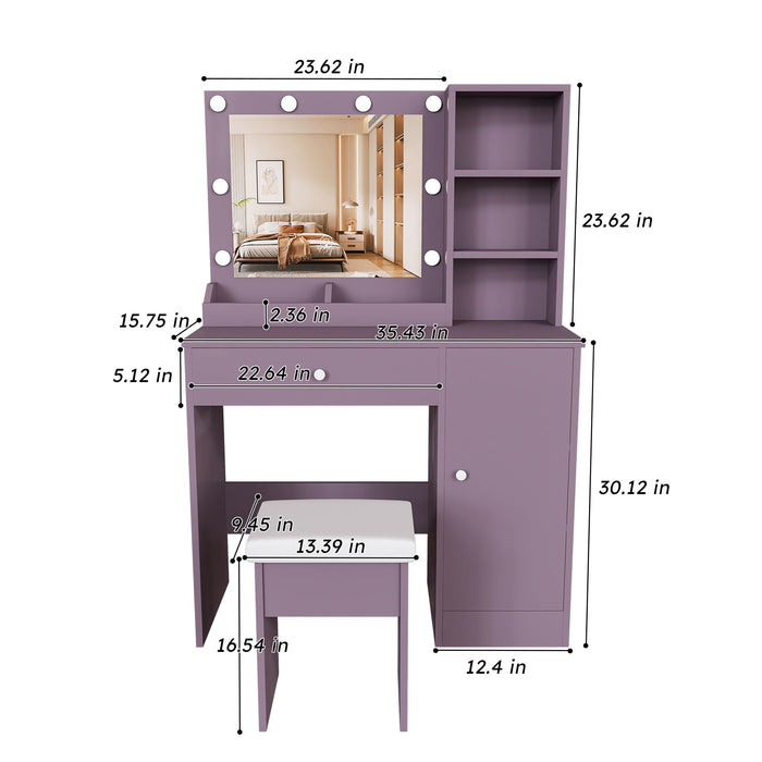 Vanity Desk Set With Padded Stool And Adjustable LED Mirror, 3 Color Light Modes - Purple Home Essentials