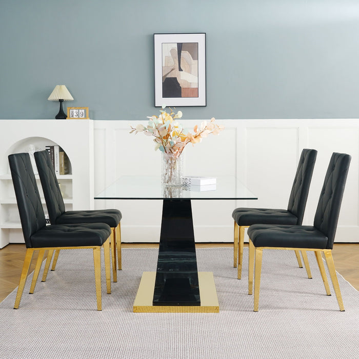 Modern Style Glass Dining Table, Elegant Transparent Design, Solid Support Base, Black Dining Chair Set, Gold-Plated Chair Legs, Suitable For Restaurant Kitchens