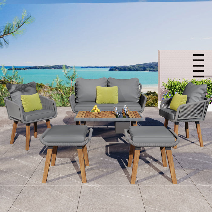 K&K 6 Piece Rope Patio Furniture Set, Outdoor Furniture With Acacia Wood Cool Bar Table With Ice Bucket, Deep Seat Patio Conversation Set With Two Stools For Backyard Porch Balcony (Gray)