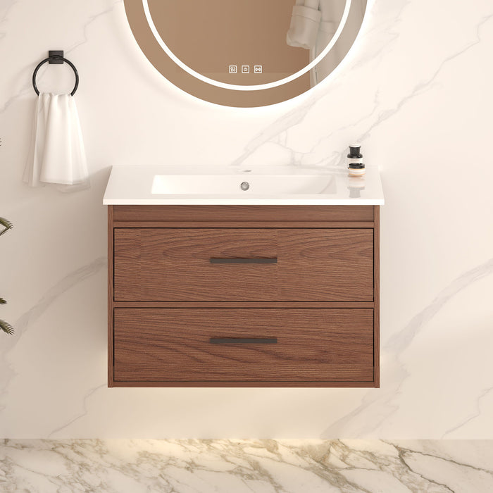 Wall Mounting Bathroom Vanity With Soft Close 2 Drawer, Sink - Reddish Brown Home Essentials