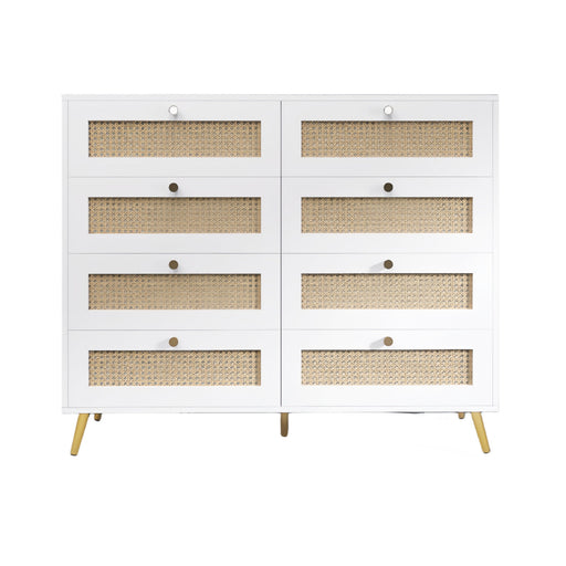 8 Drawers Chest Of Drawers With Rattan Drawer Face Golden Legs And Handles - White Home Essentials