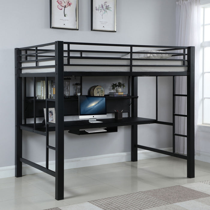 Ranier - Full Workstation Loft Bed, Full Length Desk, Safety Rails And Storage Shelves - Black Furniture Max