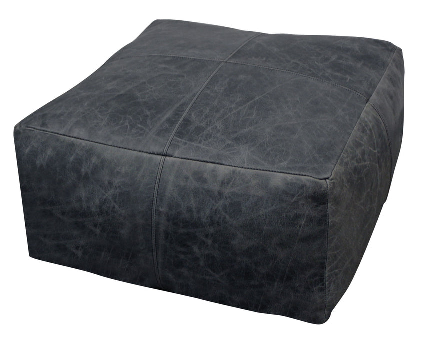 Distressed Leather Pouf Ottoman - Black