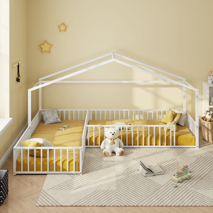 L-Shaped Montessori Bed For 2 Kids With Partitioned Fence Hearth and Haven