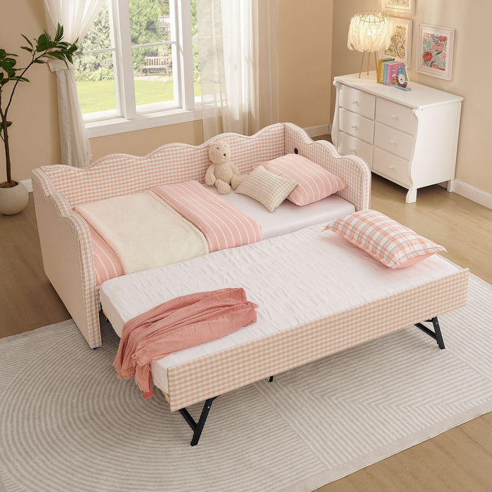 Gingham Daybed With USB Charging Port, Wave Shaped Design Home Essentials