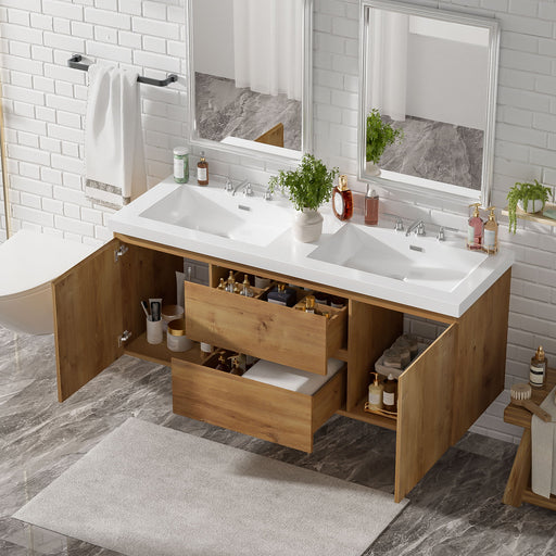Double Sink Bathroom Vanity, Cabinet & Soft Close Doors, Divided Drawers, Wall Mounted Storage - Wood Hearth and Haven