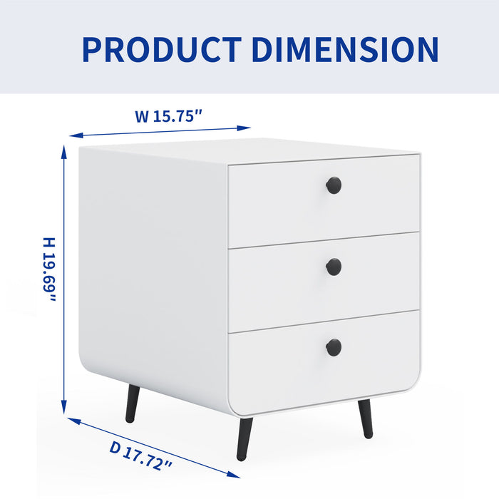 Modern Night Stand Storage Cabinet For Living Room Bedroom, Steel Cabinet With 3 Drawers, Bedside Furniture, Circular Handle - White