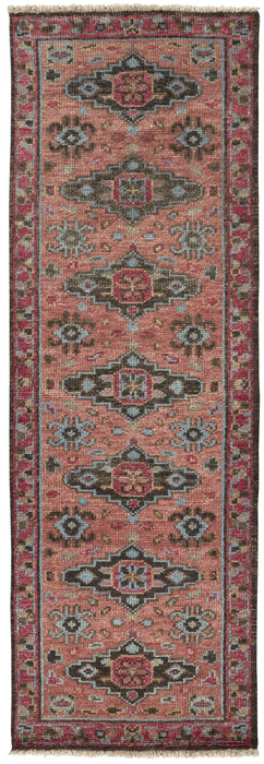 Floral Hand Knotted Distressed Stain Resistant Runner Rug With Fringe - Red Orange And Blue Wool - 8'