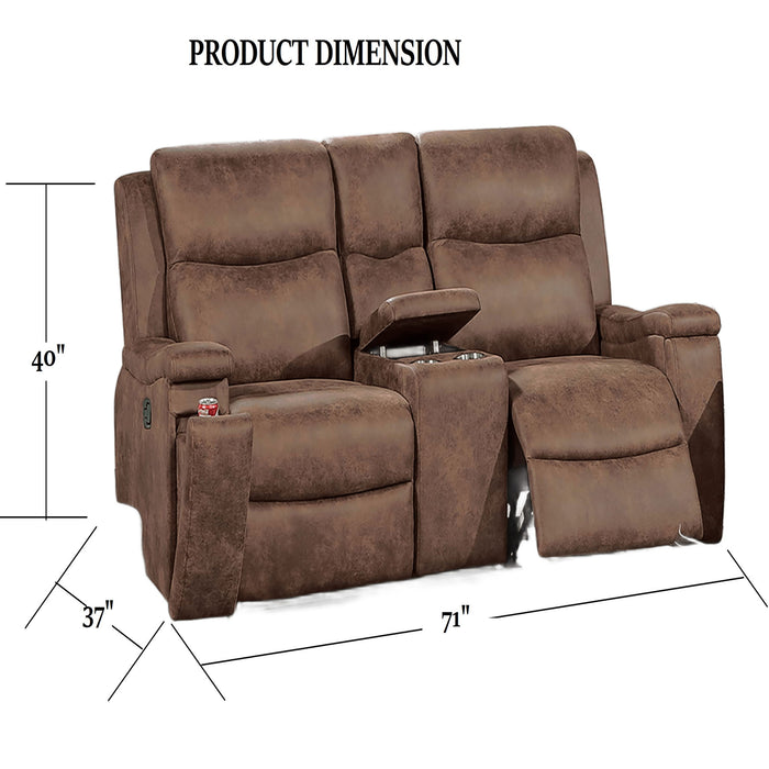 1 Piece Manual Motion Loveseat Hidden Cup Holder Console With Plush Back Cushion For Living Room - Walnut Home Essentials