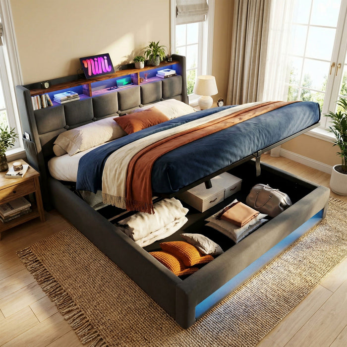Platform Bed With Hydraulic Storage, LED Lighting & Charging Station Artistry At Home