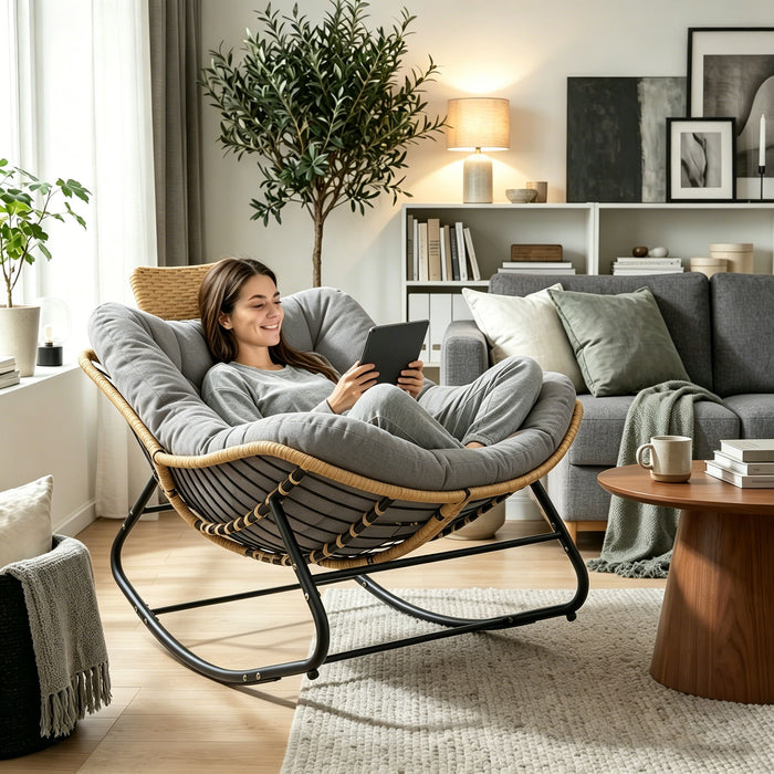 Oversized Papasan Rocking Chair Outdoor With Thick Cushion Home Essentials